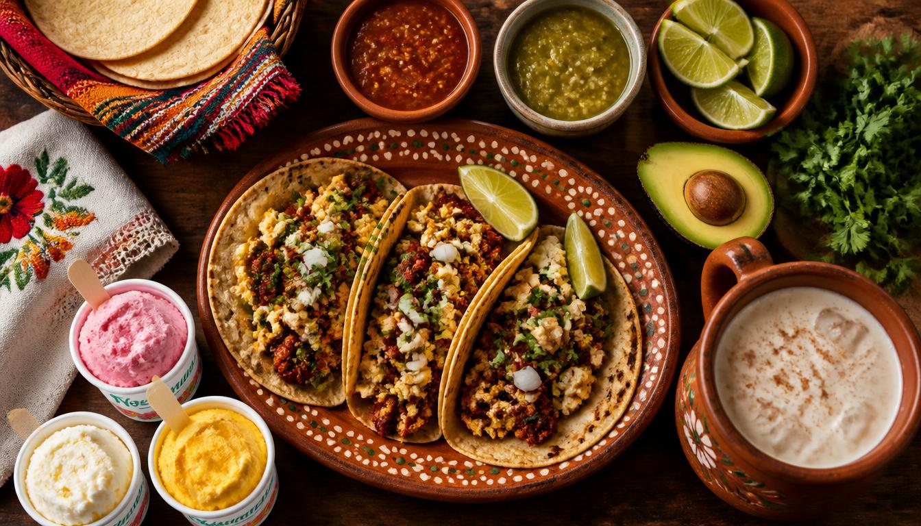 Breakfast tacos, salsa, and aguas frescas on a rustic table